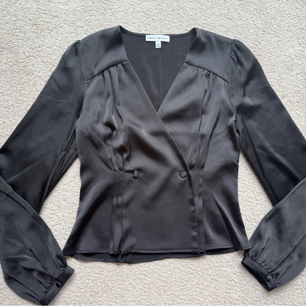 Express Negin Mirsalehi Satin Long Sleeve Blouse Top Shirt Black Peplum Wrap XS